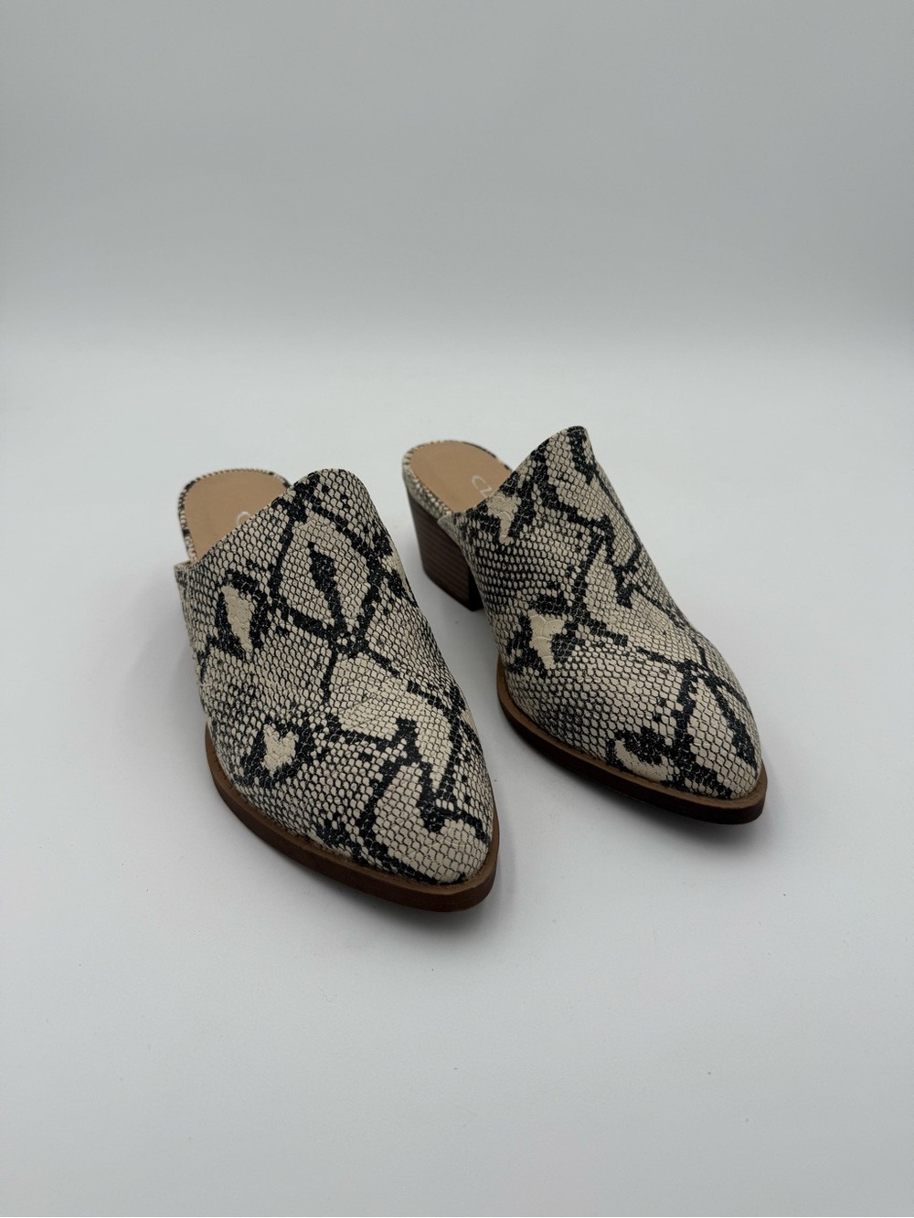 Pointed Snake-Print Slip-On Mules in Beige and Black